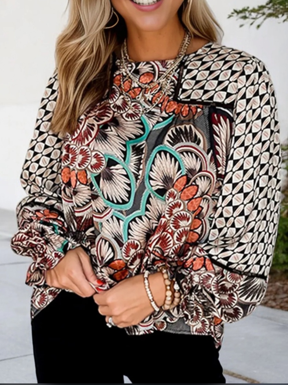 Boho Chic Mixed Print Floral Geometric Blouse Lace Detail Elastic Cuff Blouse